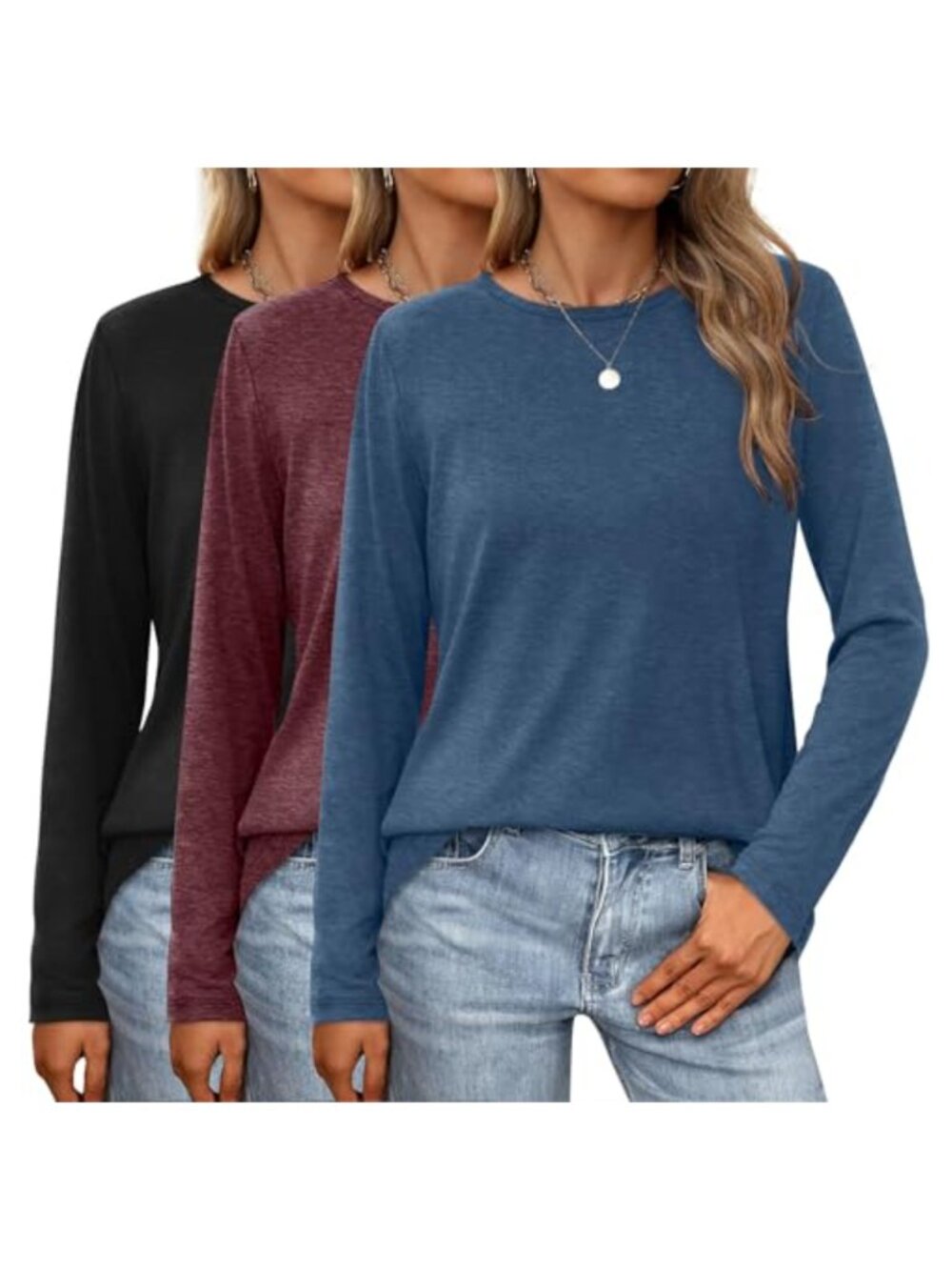 Women's Long Sleeve Tunic Tops 3 Pack Loose Fit Crewneck Casual T-Shirts